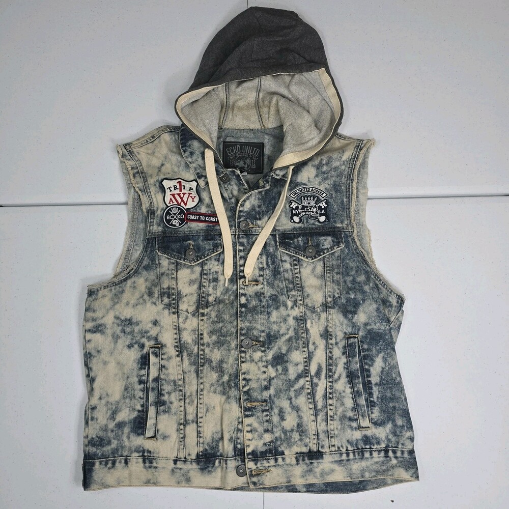Vintage Y2K Ecko Jean Jacket Denim Vest Hoodie  Men XL Acid Wash Bleached Patch